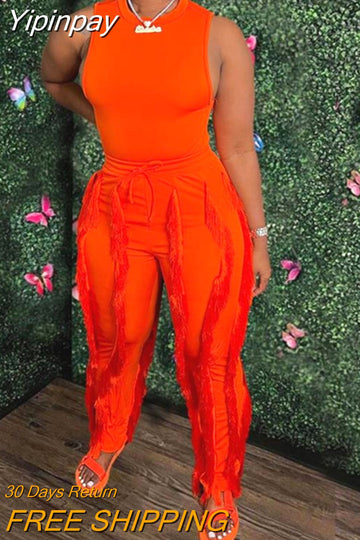 Yipinpay Tank Top & Tassel Decor Drawstring Pants Set 2023 New Fashion Two Piece Sets Female Suit